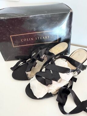 Colin Stuart Black Ribbon Lace-Up Slide Sandals